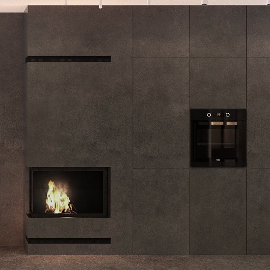 Dekton Bromo rodeando chimenea y paredes