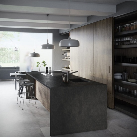 Isla y cocina moderna de porcelánico Dekton Bromo ultracompact