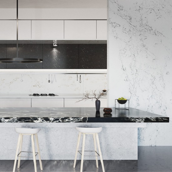cocina con encimera Compac Ice Max Pure e isla Ice Max Black