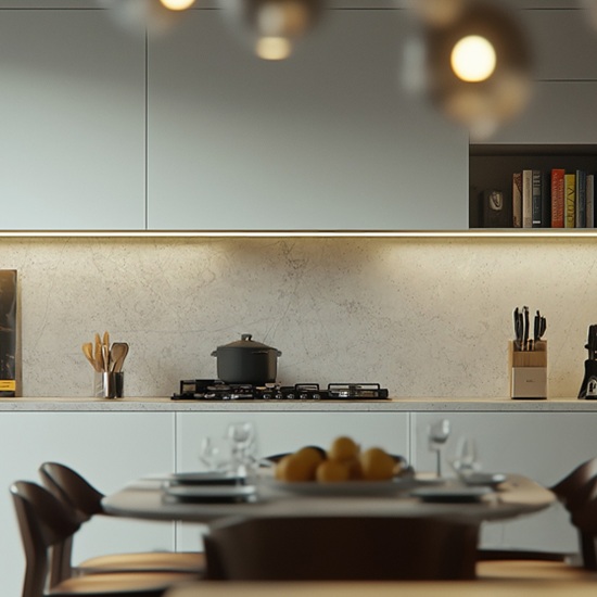 una cocina con superficies de vidrio reciclado encimera Equs Beverly