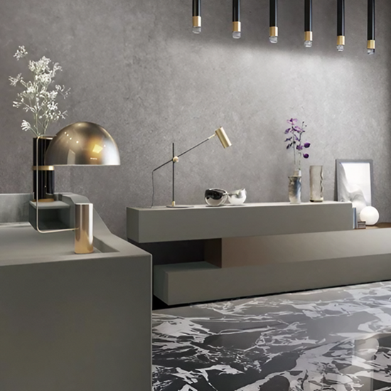 una mesa de cuarzo isla cocina Equs Melrose en una sala de estar