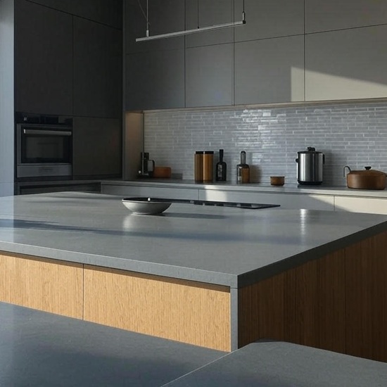 una cocina gris moderna con encimeras Equs Metal Grey zero
