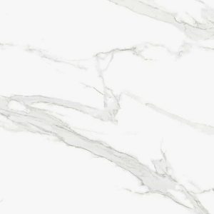 Textura detallada de encimera sinterizada Arklam Estatuario blanca con vetas para aplicaciones en Málaga.