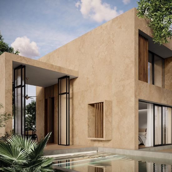 Fachada exterior con revestimiento Arklam Salma Amber natural beige para edificios en Málaga.