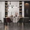 Sala con mesa de comedor Blaker Venatino Grey blanca veteada, sillas verdes, lámparas doradas y piso gris en ambiente lujoso.
