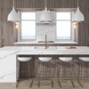 Isla de cocina Blaker Venatino Grey blanca veteada con taburetes grises y gabinetes de madera en ambiente elegante.