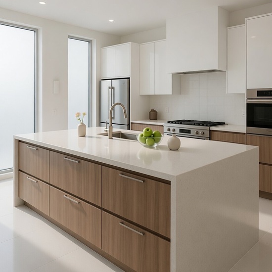 Isla de cocina Blaker Blanco Sólido blanca con fruta, grifo negro y gabinetes de madera en ambiente luminoso.
