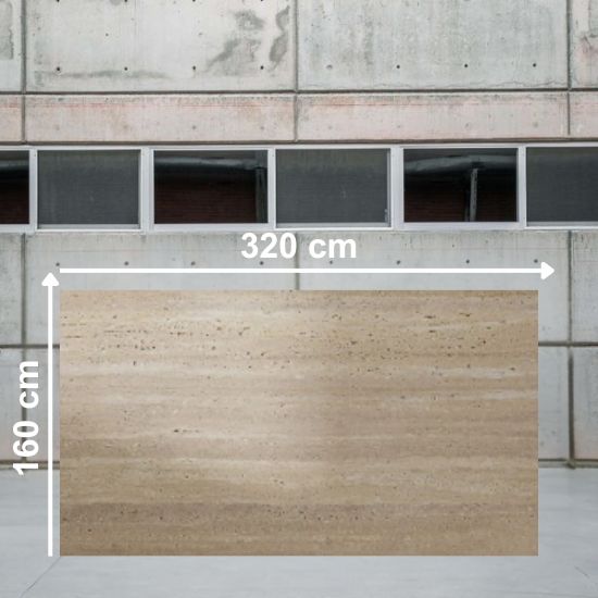 Losa grande de Blaker Flaminio Dak 320x160 cm beige veteado en almacén industrial.