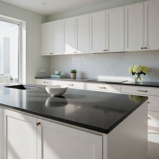 ncimera Blaker Negro Sólido negra en isla de cocina con bol blanco, gabinetes blancos y decoración minimalista en ambiente luminoso.