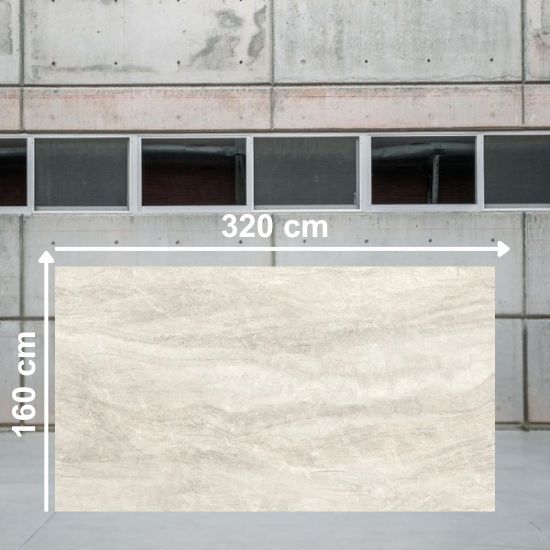 Losa grande de Blaker Taj Mahal 3D 320x160 cm blanca veteada en almacén industrial.