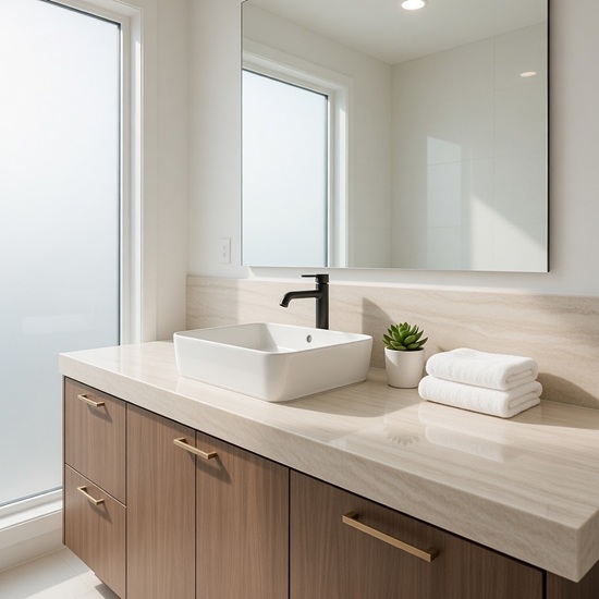 Vanitorio Blaker Taj Mahal 3D blanca veteada con espejo redondo, grifo bronce y productos en baño elegante.