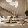 Sala moderna con credenza Venux Bellissima Beige beige veteado, sillas grises, mesa redonda y decoración en ambiente sereno.