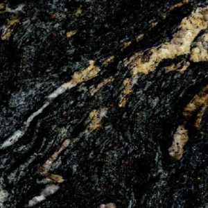 Textura macro de Granito Cosmic Black, granito negro con vetas blancas y doradas en detalle