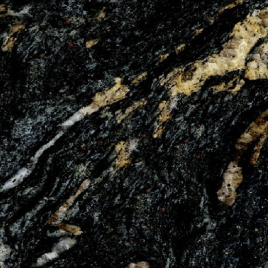 Textura macro de Granito Cosmic Black, granito negro con vetas blancas y doradas en detalle