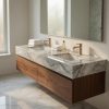 Mueble de baño flotante doble en Cuarcita Dolce Vita con lavabos blancos y grifería dorada