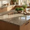Isla de cocina en Granito Crema Camelia con plantas aromáticas, cuencos y luz natural