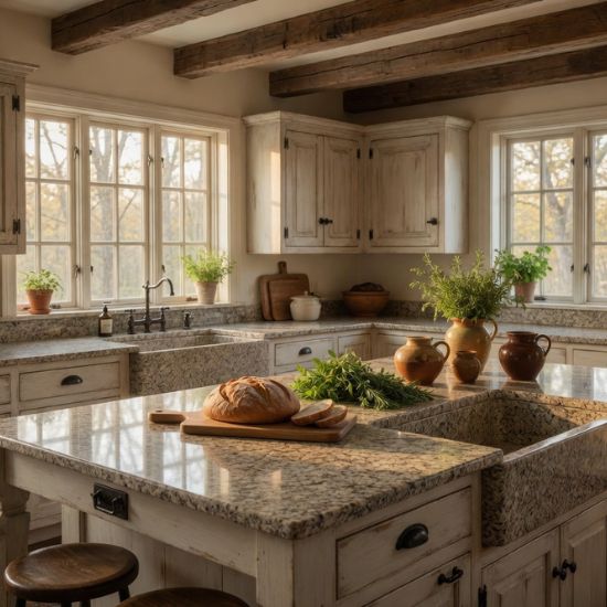Cocina rústica con isla y fregadero de granja en Granito Crema Julia y muebles envejecidos