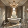 Baño de lujo con bañera exenta y paredes en Granito Crema Julia, araña de cristal y grifería dorada