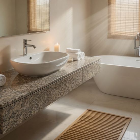 Mueble de baño flotante en Granito Mondariz con lavabo de sobreponer blanco y bañera exenta