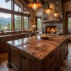 AlternativoIsla de cocina rústica en Granito Rojo Multicolor con muebles de madera y chimenea de piedra