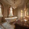 ueble de baño de lujo en Granito Rojo Multicolor con bañera exenta y grifería dorada